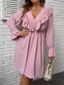 SHEIN Clasi Plus Swiss Dot Ruffle Trim Flounce Sleeve Overlap Collar Dress - Dusty Pink - View 1