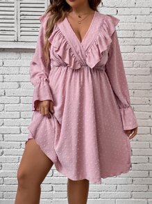 SHEIN Clasi Plus Swiss Dot Ruffle Trim Flounce Sleeve Overlap Collar Dress - Dusty Pink - View 7