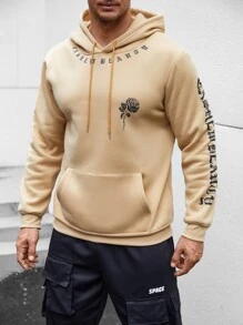 Manfinity Hombres Capucha con estampado floral con letra con bolsillo de canguro con cordón - Albaricoque - Ver 6