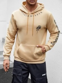 Manfinity Hombres Capucha con estampado floral con letra con bolsillo de canguro con cordón - Albaricoque - Ver 4