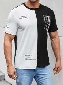 Manfinity Hombres Camiseta de dos tonos con estampado de slogan - Blanco y Negro - Ver 3