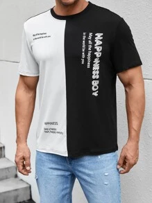 Manfinity Hombres Camiseta de dos tonos con estampado de slogan - Blanco y Negro - Ver 4