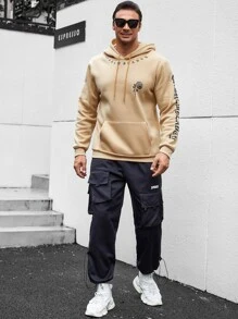 Manfinity Hombres Capucha con estampado floral con letra con bolsillo de canguro con cordón - Albaricoque - Ver 5