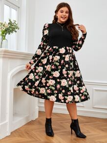 SHEIN Clasi Vestido con estampado floral de manga gigot de cuello alto - Multicolor - Ver 5