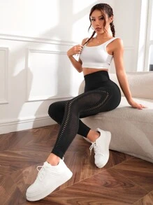 Yoga Basic Yoga Leggings Fishnet Panel Tummy Control Fitness Leggings - Black - View 6