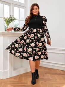 SHEIN Clasi Vestido con estampado floral de manga gigot de cuello alto - Multicolor - Ver 3