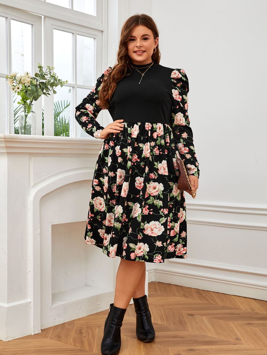 SHEIN Clasi Vestido con estampado floral de manga gigot de cuello alto - Multicolor - Ver 1