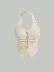 SHEIN MOD Top halter con botón delantero - Beis - Ver 1