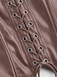 SHEIN MOD Lace Up Front PU Leather Cami Top - Coffee Brown - View 3