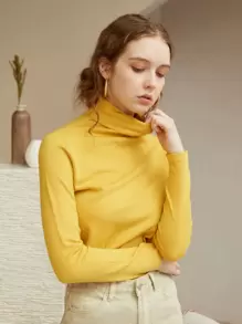 Knit Mix High Neck Slim Jumper - Yellow - View 1