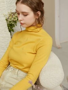Knit Mix High Neck Slim Jumper - Yellow - View 4