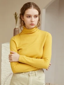 Knit Mix High Neck Slim Jumper - Yellow - View 5