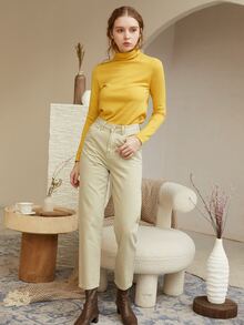 Knit Mix High Neck Slim Jumper - Yellow - View 7