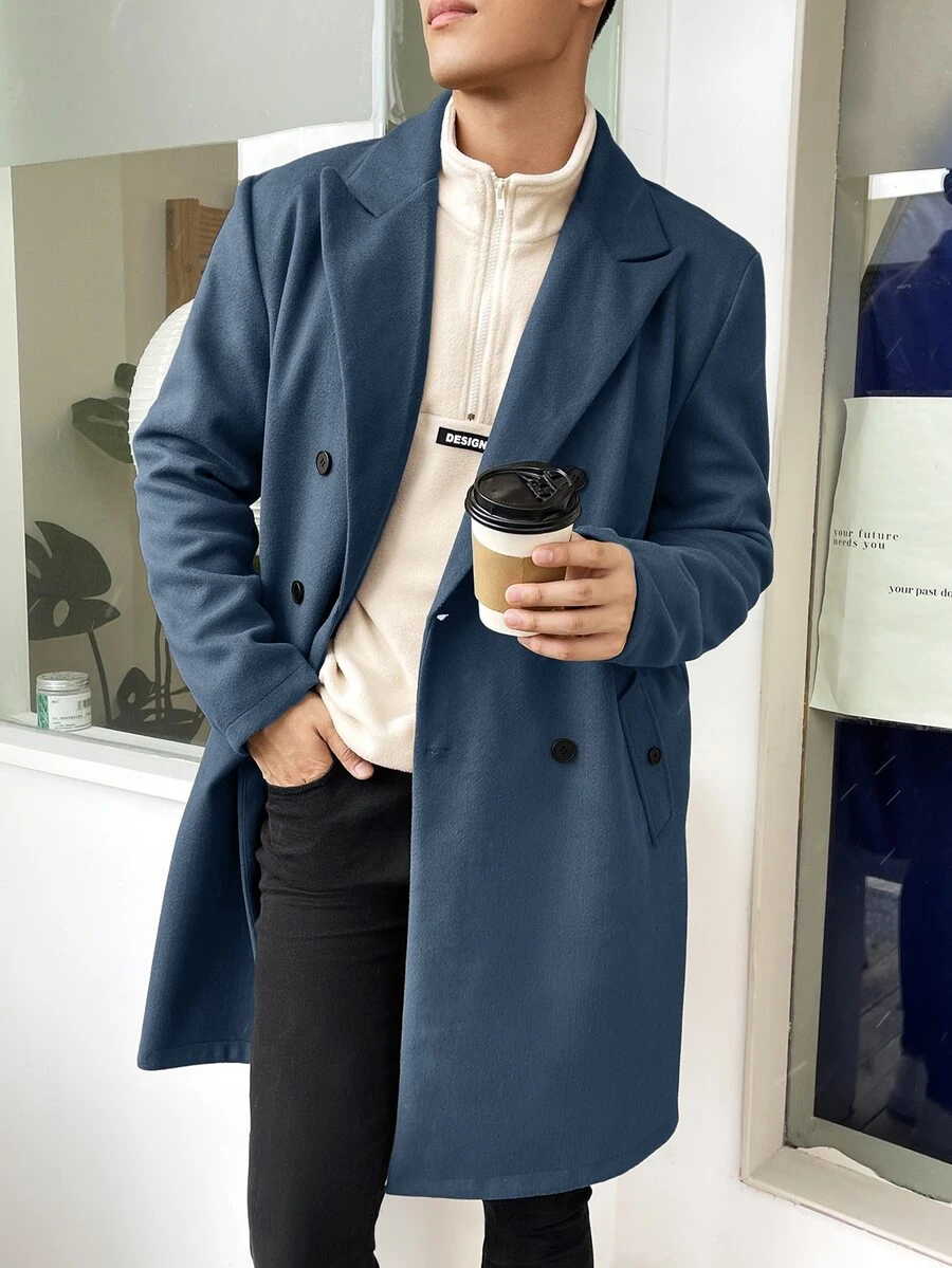 Manfinity Homme Men Lapel Collar Double Breasted Overcoat - Navy Blue - View 1