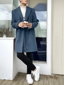 Manfinity Homme Men Lapel Collar Double Breasted Overcoat - Navy Blue - View 7