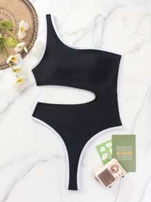 Bañador una pieza unido en contraste con abertura - Negro - Ver 5