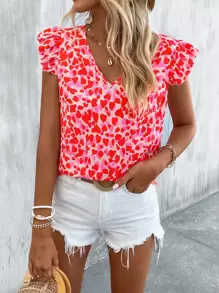 Breezaya Heart Print Butterfly Sleeve Blouse - Multicolor - View 1