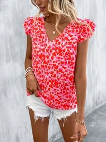 Breezaya Heart Print Butterfly Sleeve Blouse - Multicolor - View 3