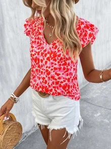 Breezaya Heart Print Butterfly Sleeve Blouse - Multicolor - View 6