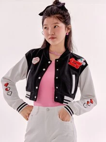 DAZY Letter & Cartoon Graphic Striped Trim Crop Varsity Jacket - Black and White - View 1
