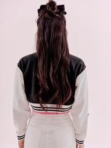 DAZY Letter & Cartoon Graphic Striped Trim Crop Varsity Jacket - Black and White - View 2