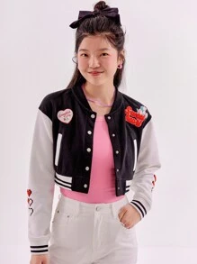 DAZY Letter & Cartoon Graphic Striped Trim Crop Varsity Jacket - Black and White - View 4