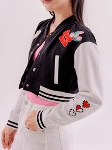 DAZY Letter & Cartoon Graphic Striped Trim Crop Varsity Jacket - Black and White - View 5