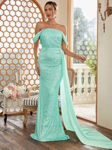 Missord Off Shoulder Draped Side Mermaid Hem Sequin Formal Dress - Mint Green - View 1