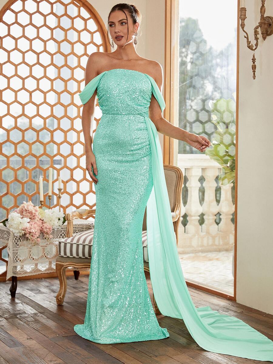 Missord Off Shoulder Draped Side Mermaid Hem Sequin Formal Dress - Mint Green - View 1