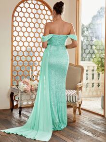 Missord Off Shoulder Draped Side Mermaid Hem Sequin Formal Dress - Mint Green - View 2