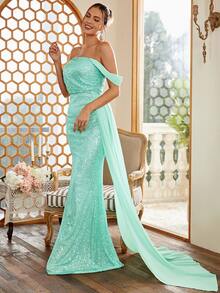 Missord Off Shoulder Draped Side Mermaid Hem Sequin Formal Dress - Mint Green - View 4