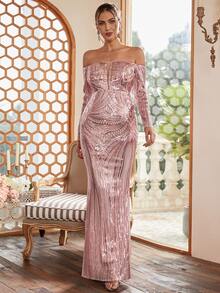 Missord Off Shoulder Mesh Insert Mermaid Hem Sequin Formal Dress - Pink - View 3