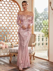 Missord Off Shoulder Mesh Insert Mermaid Hem Sequin Formal Dress - Pink - View 4