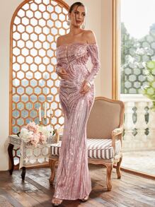 Missord Off Shoulder Mesh Insert Mermaid Hem Sequin Formal Dress - Pink - View 1