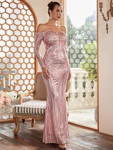 Missord Off Shoulder Mesh Insert Mermaid Hem Sequin Formal Dress - Pink - View 6