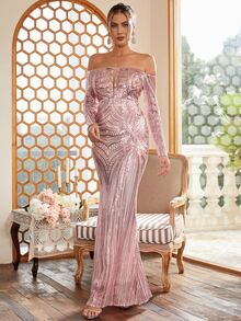 Missord Off Shoulder Mesh Insert Mermaid Hem Sequin Formal Dress - Pink - View 7