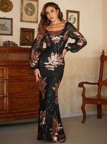 Missord 方領燈籠袖魚尾裙下擺亮片正式洋裝