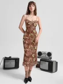 SHEIN MOD Floral & Paisley Print Tie Front Ruched Bust Lettuce Trim Cami Dress - Multicolor - View 1