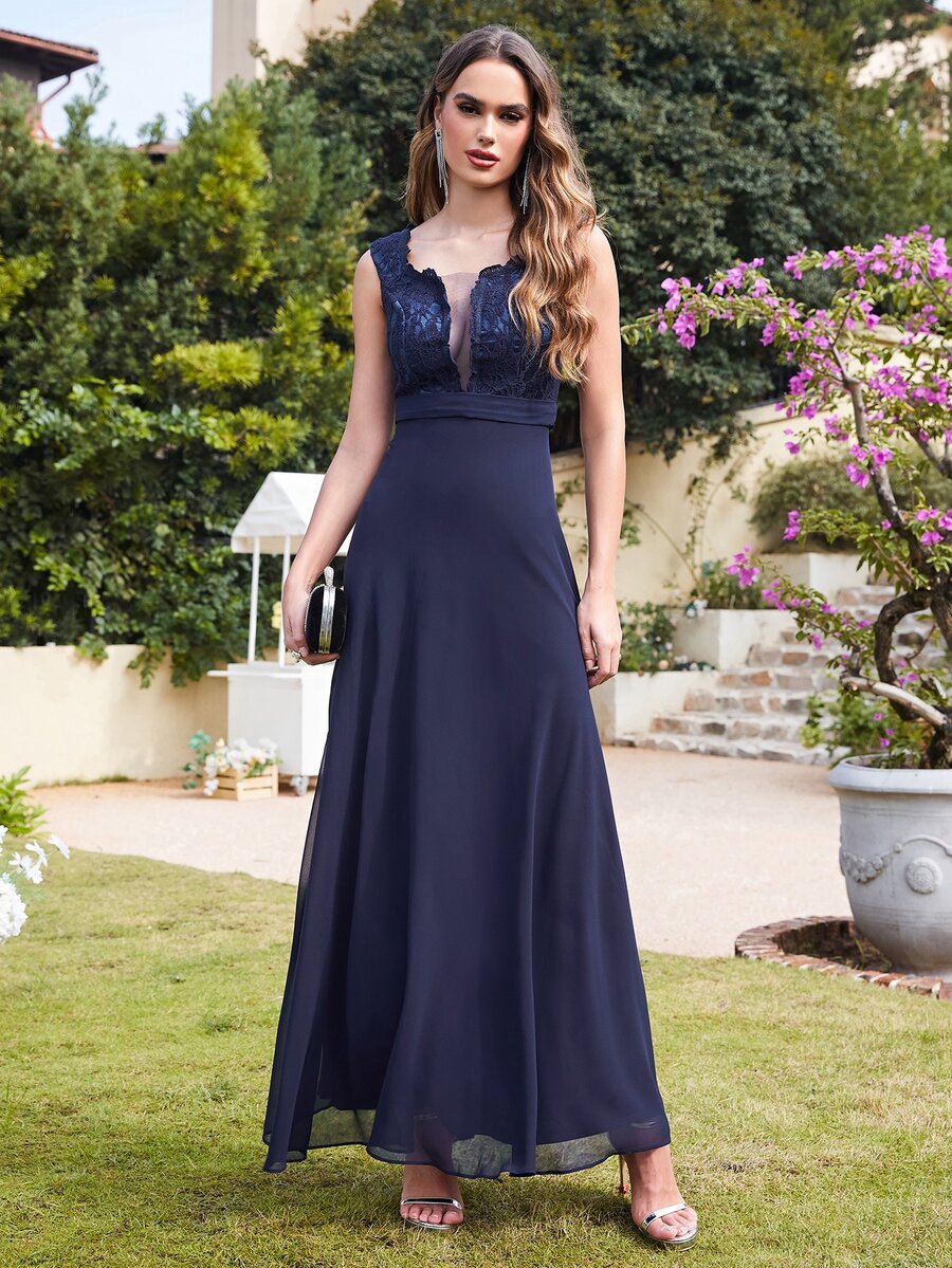 BABYONLINE D.R.E.S.S. Contrast Mesh Zip Back Bridesmaid Dress - Navy Blue - View 1