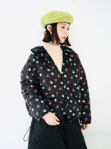 Abrigo acolchado de cuello fruncido con estampado floral - Negro - Ver 1