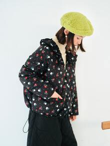 Abrigo acolchado de cuello fruncido con estampado floral - Negro - Ver 3