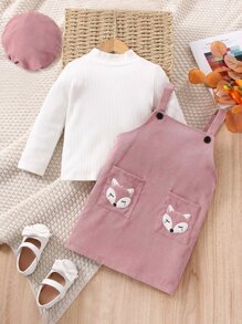 SHEIN 小女童小高領T恤和卡通圖案背帶裙附帽子 - 彩色 - 查看 1