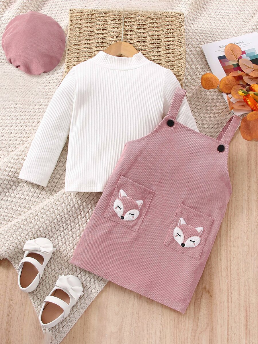 SHEIN 小女童小高領T恤和卡通圖案背帶裙附帽子 - 彩色 - 查看 1