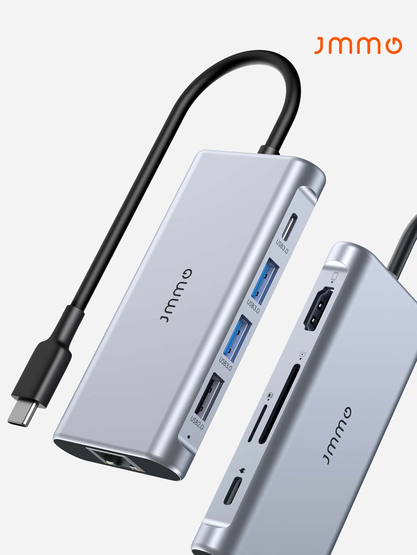 JMMO USB 集线器、USB-C 集线器、9 合 1 USB C 适配器（带 USB C 转 HDMI 兼容）、3 个 USB 3.0 端口、1 个 USB 2.0 端口、以太网端口、Micro SD/SD 读卡器、适用于大多数 Type-C 设备的 USB C 底座 - 銀色 - 查看 1