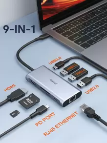 JMMO USB 集线器、USB-C 集线器、9 合 1 USB C 适配器（带 USB C 转 HDMI 兼容）、3 个 USB 3.0 端口、1 个 USB 2.0 端口、以太网端口、Micro SD/SD 读卡器、适用于大多数 Type-C 设备的 USB C 底座 - 銀色 - 查看 2