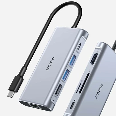 JMMO USB 集线器、USB-C 集线器、9 合 1 USB C 适配器（带 USB C 转 HDMI 兼容）、3 个 USB 3.0 端口、1 个 USB 2.0 端口、以太网端口、Micro SD/SD 读卡器、适用于大多数 Type-C 设备的 USB C 底座