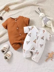 SHEIN 新生兒男嬰2入組考拉印花鈕扣連身衣