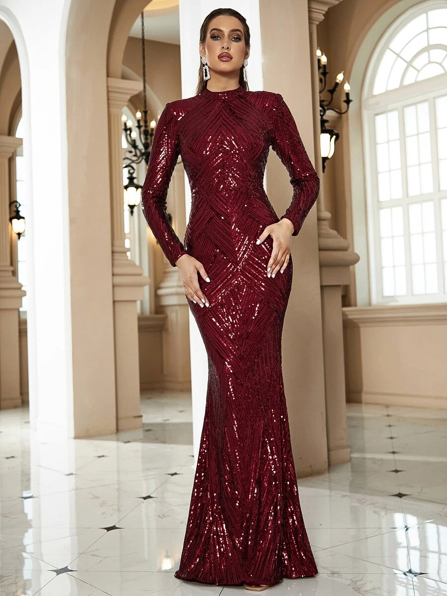 LOVE&LEMONADE Mermaid Hem Sequin Formal Gown Party Dress Wedding Guest Dress Evening Dress Spring - Burgundy - View 1