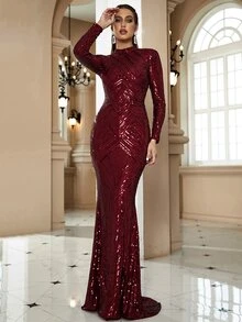 LOVE&LEMONADE Mermaid Hem Sequin Formal Gown Party Dress Wedding Guest Dress Evening Dress Spring - Burgundy - View 3
