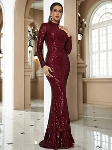 LOVE&LEMONADE Mermaid Hem Sequin Formal Gown Party Dress Wedding Guest Dress Evening Dress Spring - Burgundy - View 5